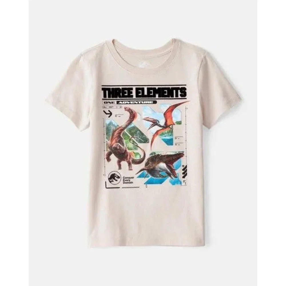 Jurassic World Boys 2 Piece Set Tan Graphic T-Shirt Black Shorts Sz M8/‎ #26563